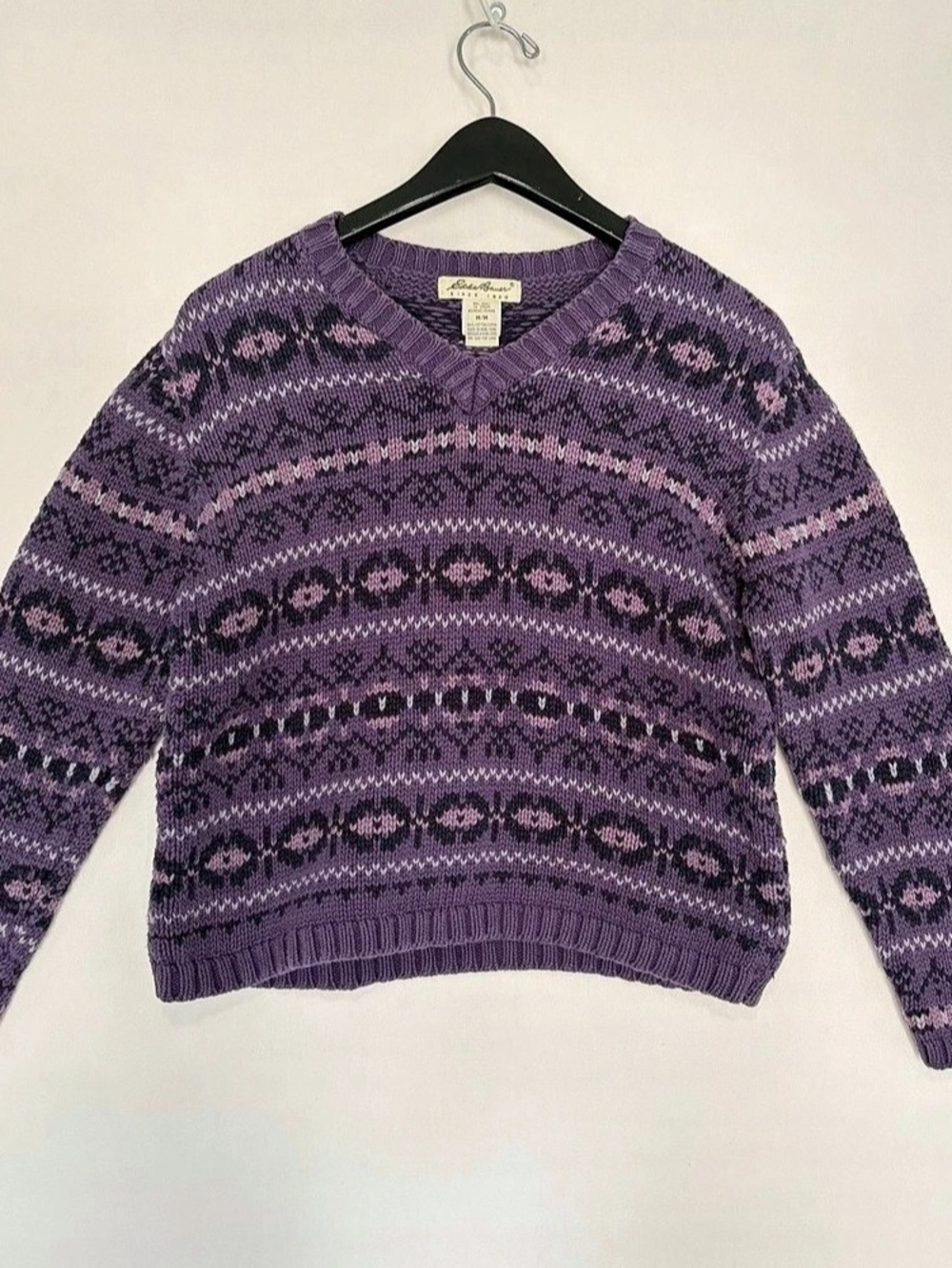 vintage purple Eddie Bauer Fair Isle V-neck sweater Womens M Knit Chunky Cotton